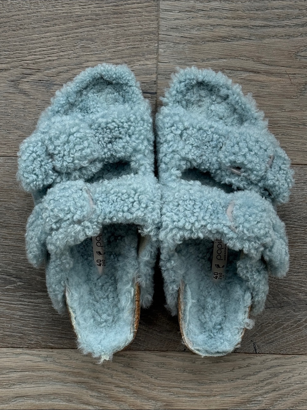 Papillio Birkenstock Arizona Big Buckle Blue Shearling Platform Slide Sandal-40 - Picture 2 of 13